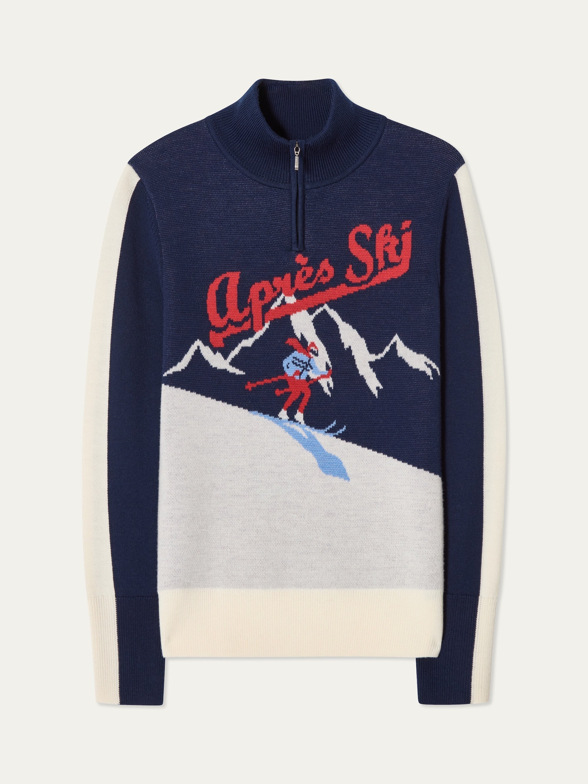 We Norwegians | FW25 | Womens Afterski zip-up in navy blue which has the logo and 1/4th zipper in the front, against an off white background