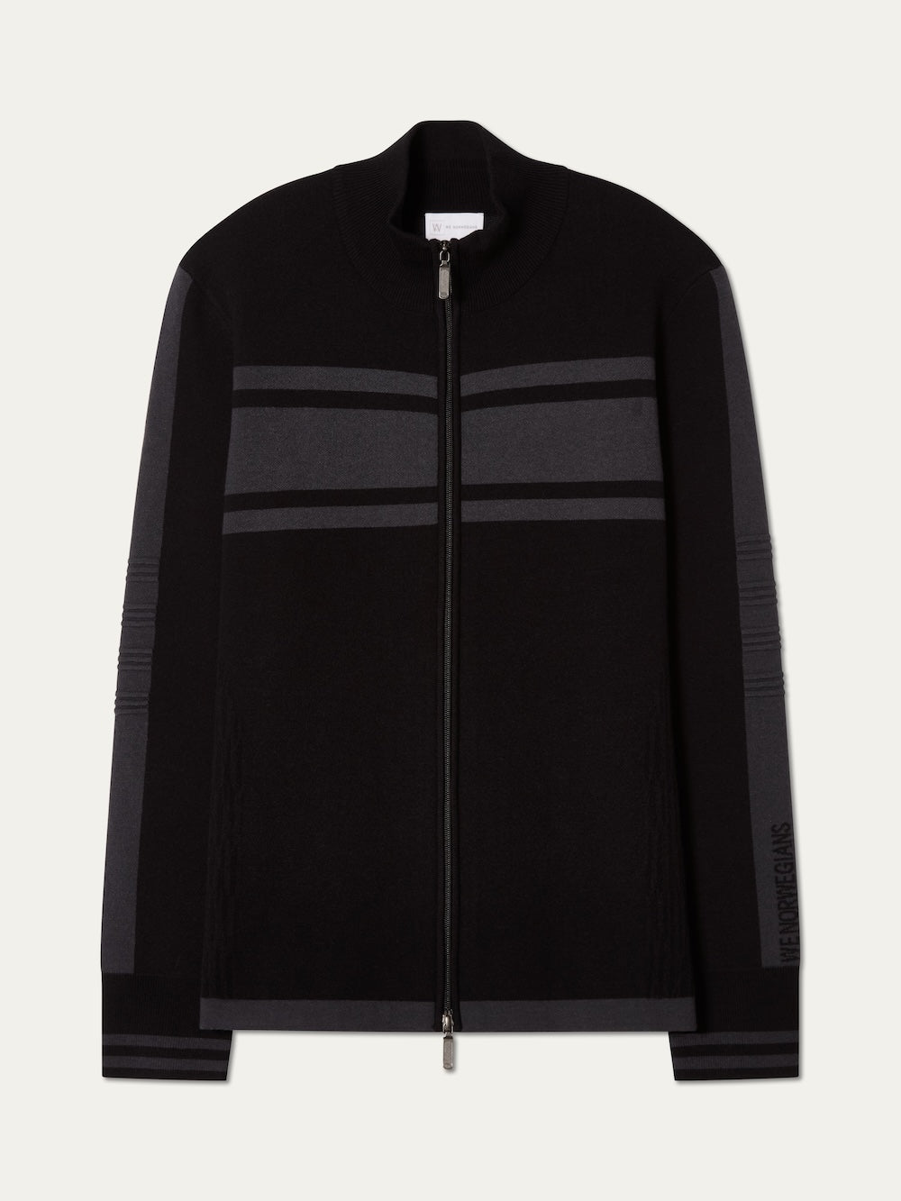 We Norwegians | FW25 | Mens Rocky Full ZipUp_Black | A fine knitted sweater with a 2-way front zipper opening, designed in a retro style with subtle color blocks on the chest and sleeves | Shot against an off-white background