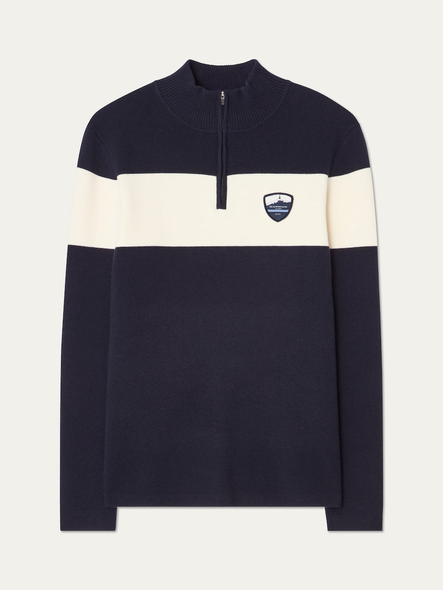 We Norwegians | FW25 | Mens Holmenkollen ZipUp_Navy blue | Merino/ Cotton knitted sweater with a 1/4th zipper opening and badge at the front | Shot against an off-white background