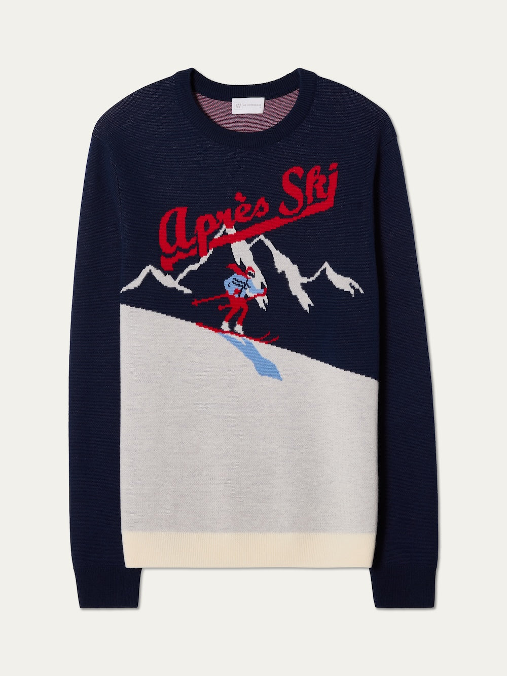 We Norwegians | FW25 | Mens Afterski Crewneck_Navy blue | A knitted sweater with an après ski design at the front | Shot against an off-white background