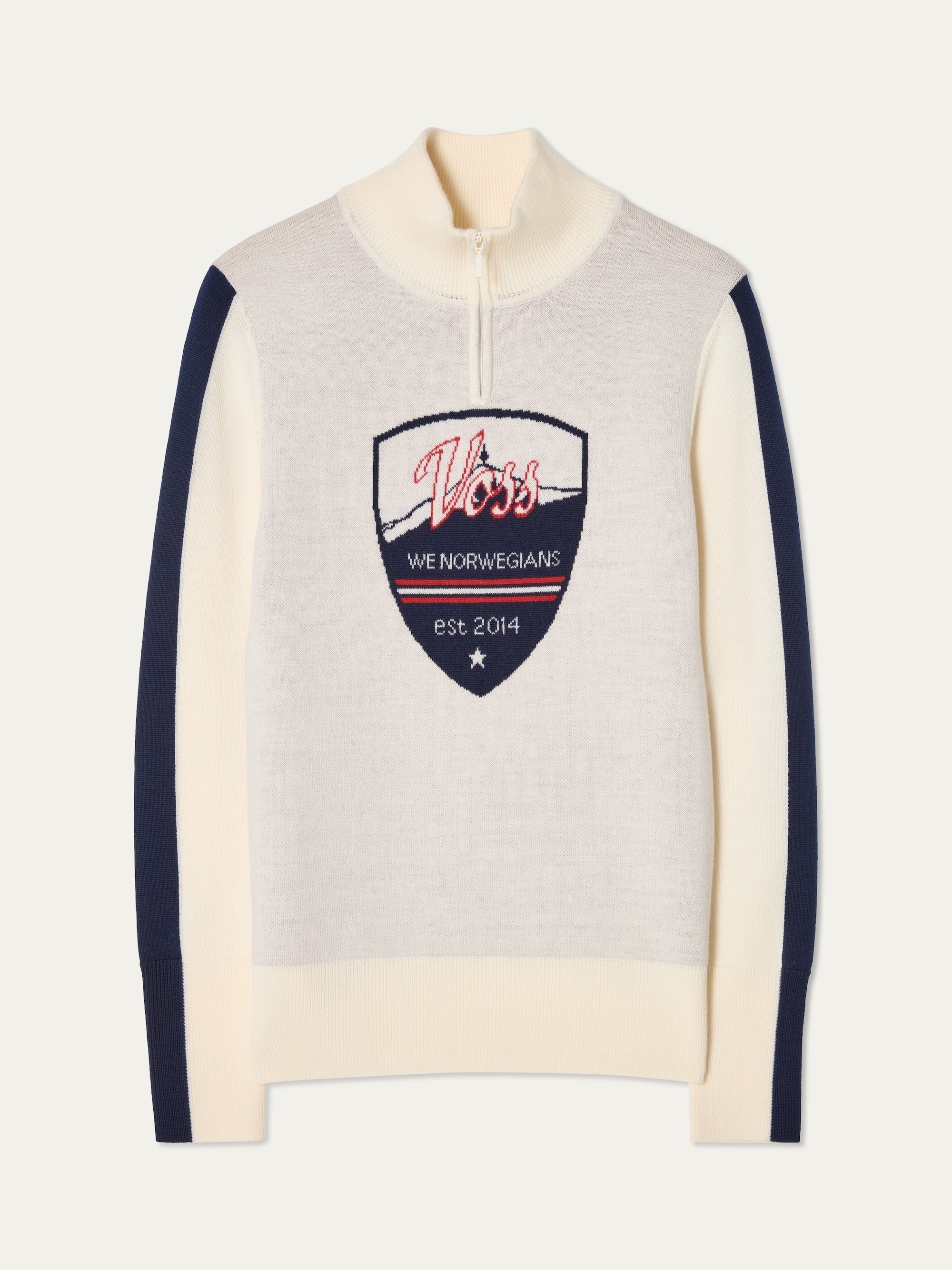 We Norwegians | FW25 | Womens Afterski zip-up in cream with logo and 1/4th zipper in the front. Shot against an off white background